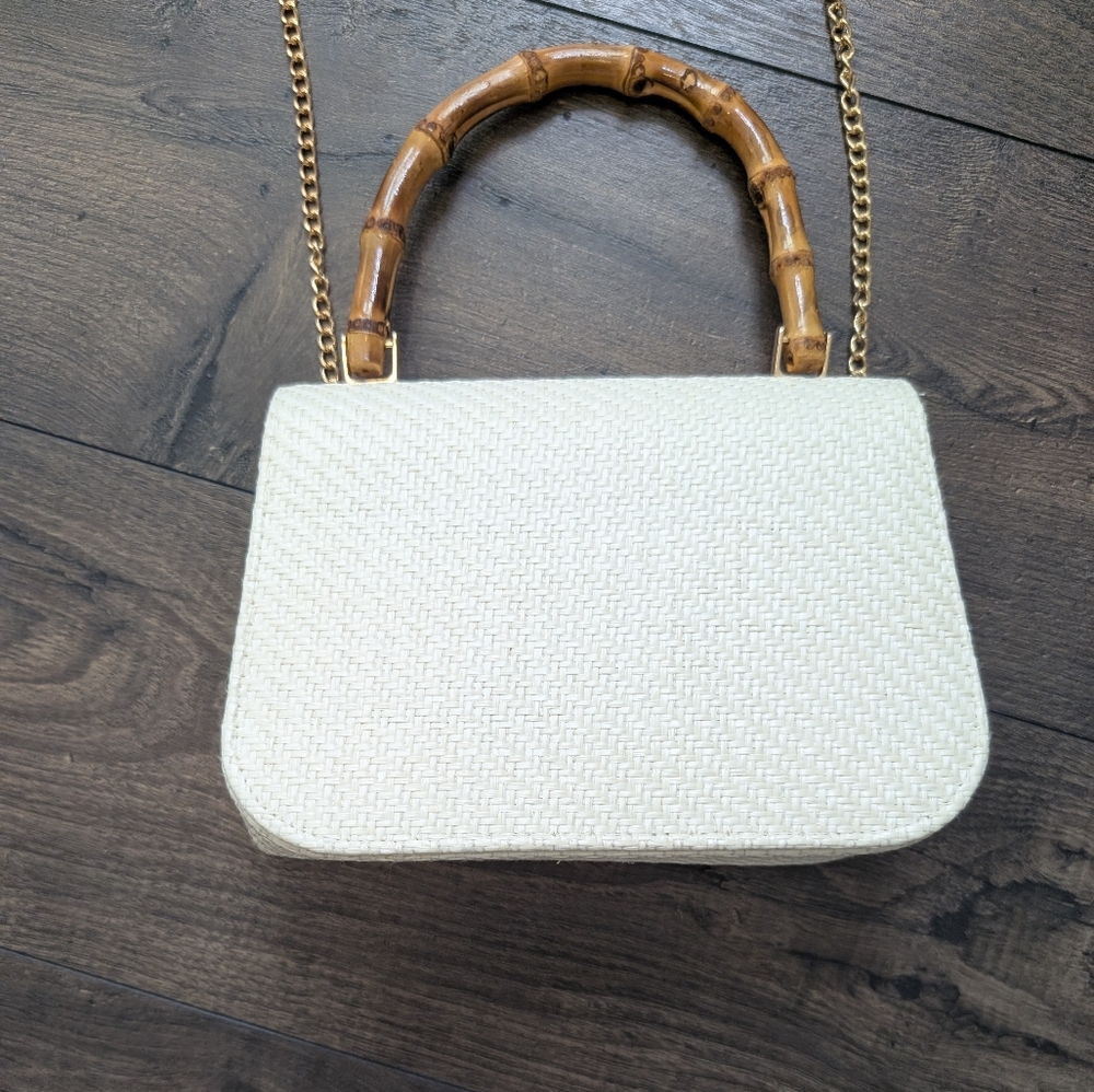 Haute Hippie White Woven Top-Handle Bag with Pink, Blue & Red Floral Appliqués - Picture 6 of 11